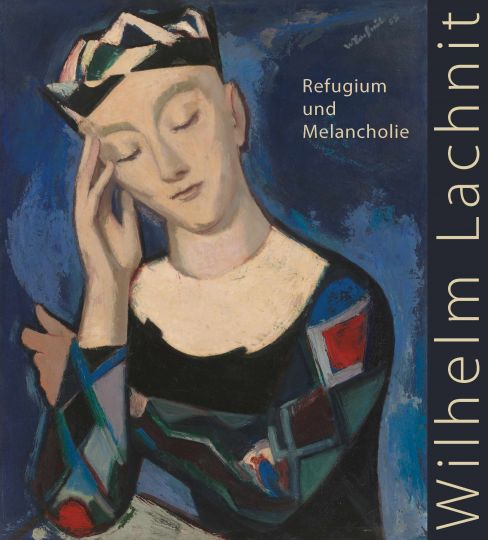 KI generiert: Das Bild zeigt ein Gemälde einer Person, die mit geschlossenen Augen und einer Hand am Kopf verträumt wirkt. Im Hintergrund steht die Beschriftung "Refugium und Melancholie" sowie der Name "Wilhelm Lachnit".