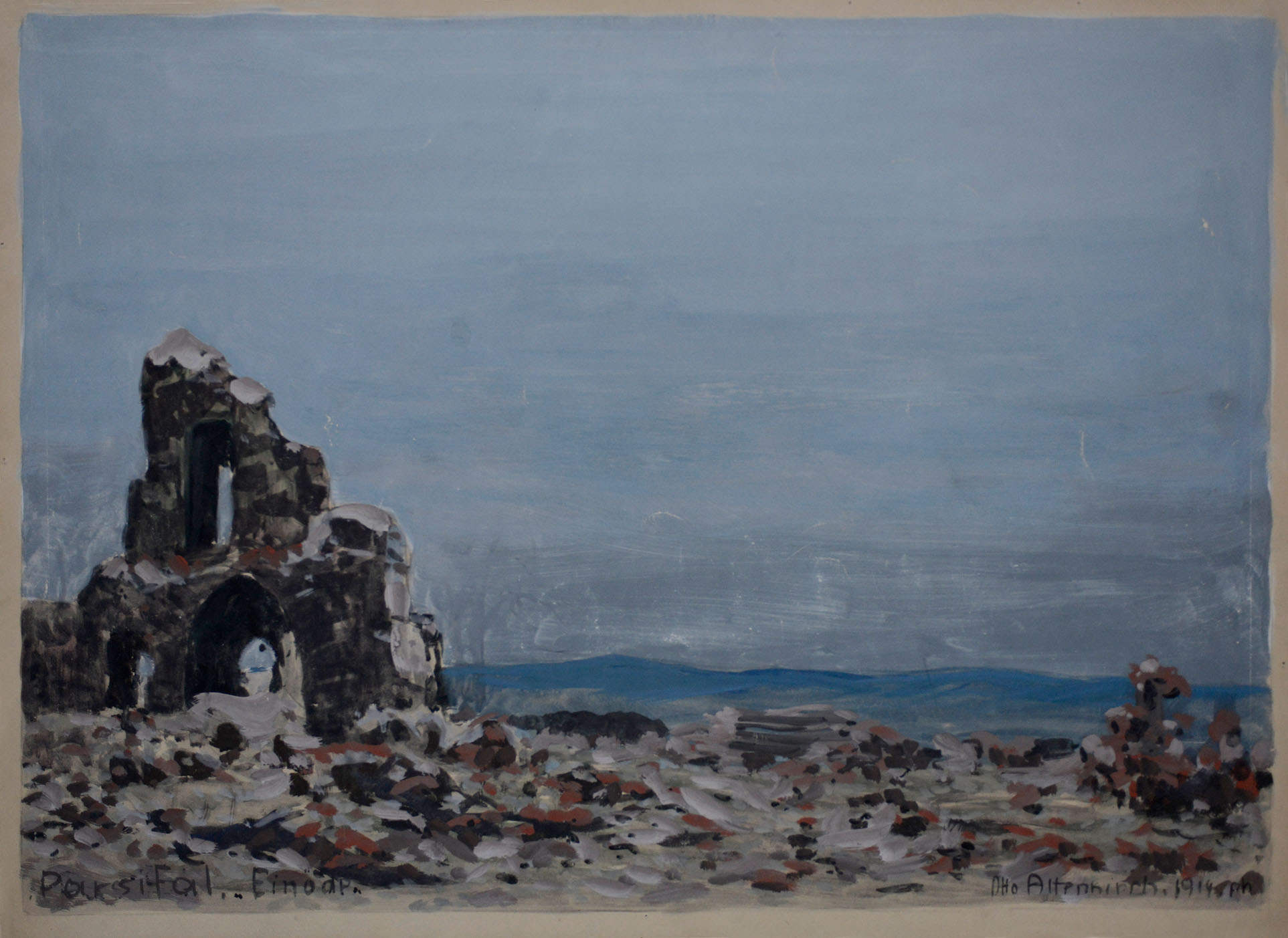 AI generated: The image shows the ruins of an old, weathered building in a barren landscape under a vast, grey sky. The main content is the melancholic scenery of the ruins, surrounded by vastness and emptiness.