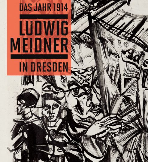 KI generiert: Das Bild zeigt ein Plakat für eine Ausstellung des Künstlers Ludwig Meidner in Dresden im Jahr 1914. Es enthält ein expressionistisches Kunstwerk und Text mit dem Titel "Das Jahr 1914" und "Ludwig Meidner in Dresden".