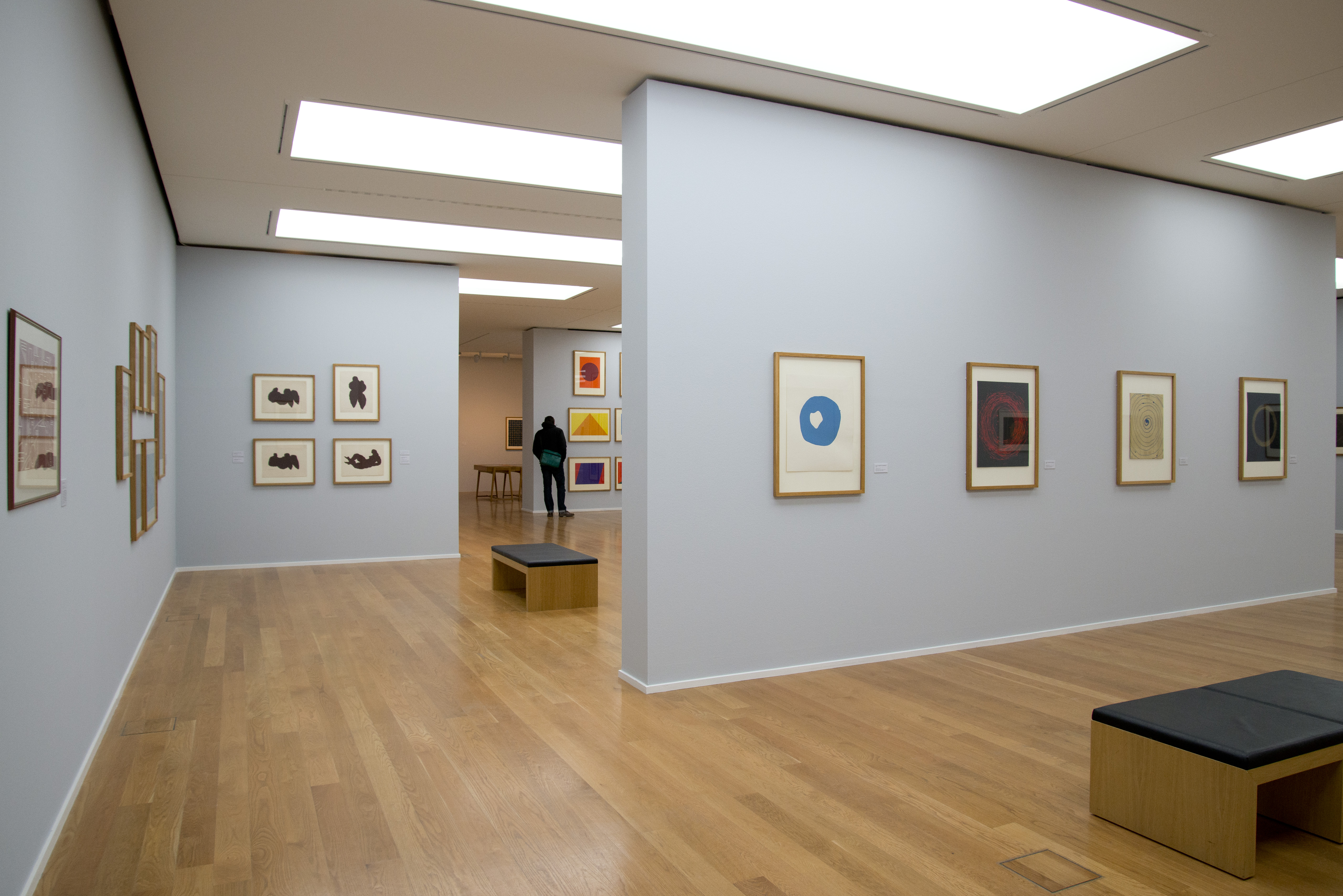 AI generated: The image shows a modern art gallery with framed pictures on the walls and a person looking at the artworks. The room is furnished in a minimalist style with wooden floors and seating.