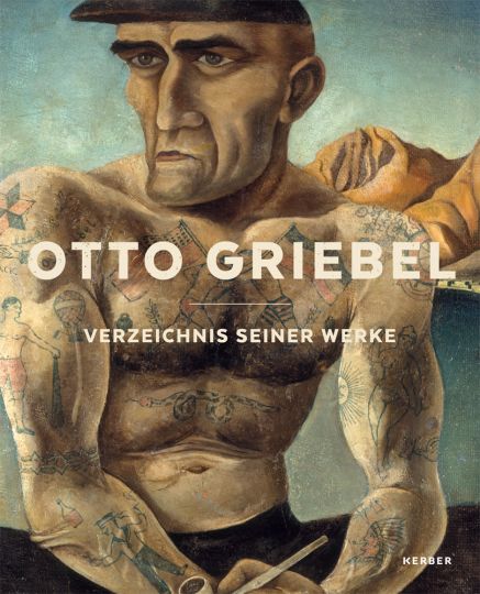 KI generiert: Das Bild zeigt das Cover eines Buches mit dem Titel "Otto Griebel: Verzeichnis seiner Werke". Es zeigt das Porträt eines muskulösen Mannes mit vielen Tätowierungen.