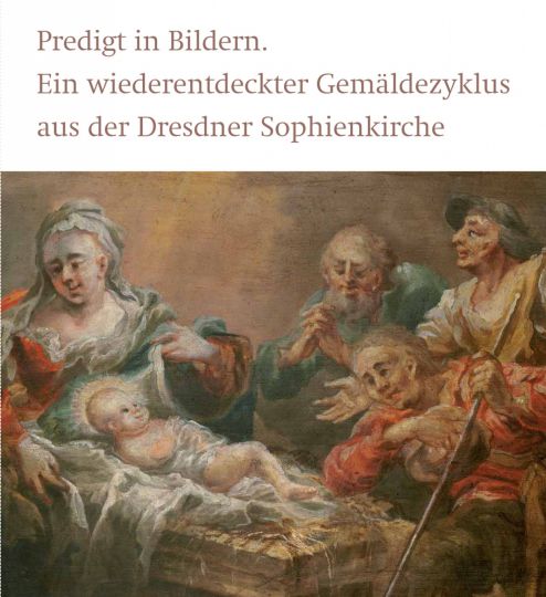 KI generiert: Das Bild zeigt ein religiöses Gemälde, das die Weihnachtsgeschichte mit dem neugeborenen Jesus im Zentrum darstellt. Es ist Teil eines wiederentdeckten Gemäldezyklus aus der Dresdner Sophienkirche.