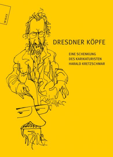 KI generiert: Das Bild zeigt das Cover eines Buches mit dem Titel "Dresdner Köpfe", welches eine Schenkung des Karikaturisten Harald Kretzschmar darstellt. Auf dem gelben Hintergrund sind skizzenhafte Zeichnungen von Gesichtern zu sehen.