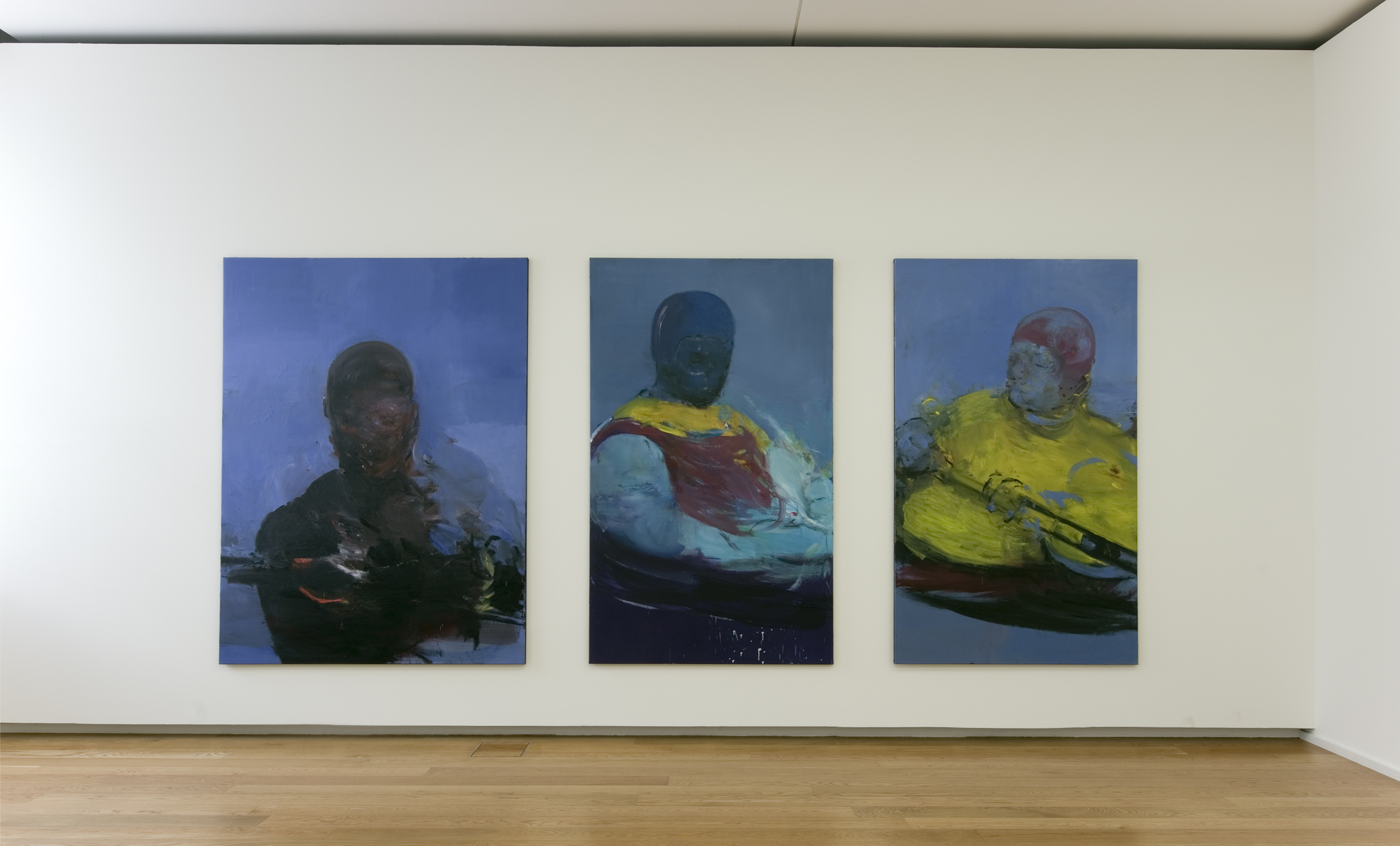 AI generated: The image shows three large-format paintings next to each other on a white wall. Each canvas shows an abstract depiction of a seated figure in different colours.