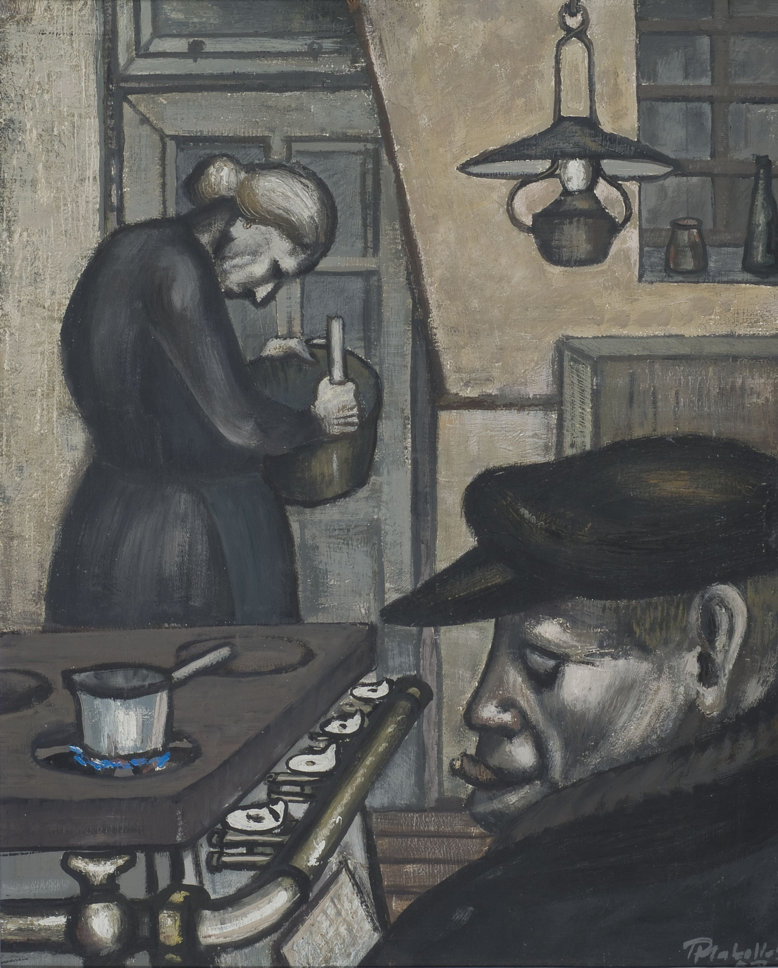 KI generiert: Das Bild zeigt zwei Personen in einer häuslichen Umgebung, eine Frau, die etwas in einem Topf umrührt, und einen Mann mit Hut im Vordergrund. Im Raum befinden sich ein Herd mit einem Topf darauf und verschiedene Einrichtungsgegenstände, die eine bescheidene Küche darstellen.