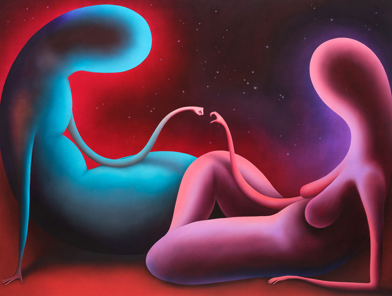 KI generiert: Das Bild zeigt zwei abstrakte, farbenfrohe Figuren in einer surrealen, kosmischen Umgebung. Die Wesen scheinen miteinander in einer Art sanfter Interaktion verbunden zu sein, umgeben von einem lebhaften Farbverlauf.