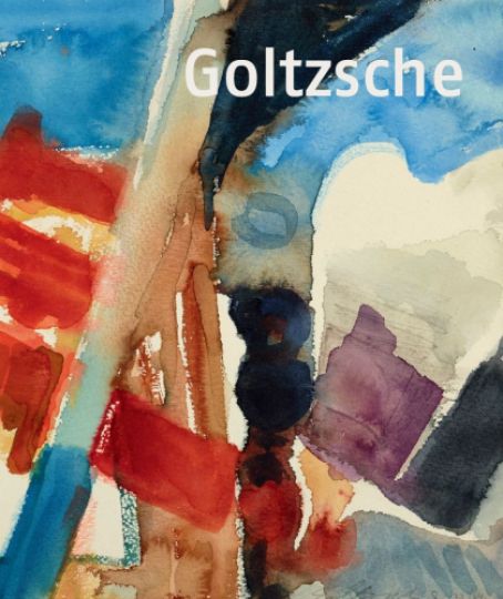 KI generiert: Das Bild zeigt ein abstraktes Gemälde mit lebhaften Farbklecksen in Blau, Rot und Beige. Oben im Bild ist der Schriftzug "Goltzsche" zu sehen.