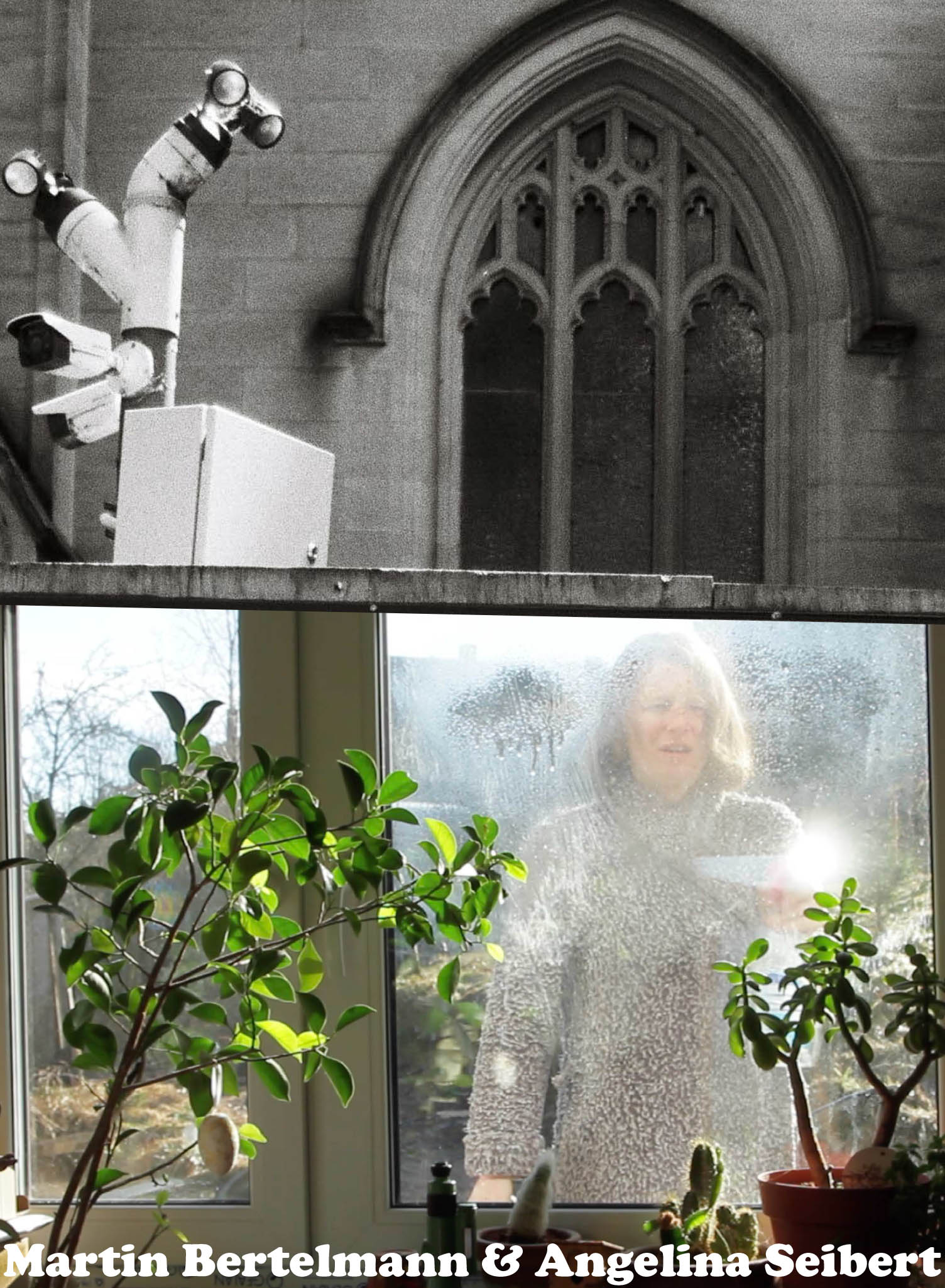 KI generiert: Das Bild zeigt zwei Aufnahmen: Oben sind Überwachungskameras an einem Gebäude mit gotischen Fenstern zu sehen, unten steht eine Person draußen vor einem Fenster, das von Pflanzen umgeben ist. Der Kontrast im Bild thematisiert vermutlich Überwachung und Privatsphäre.