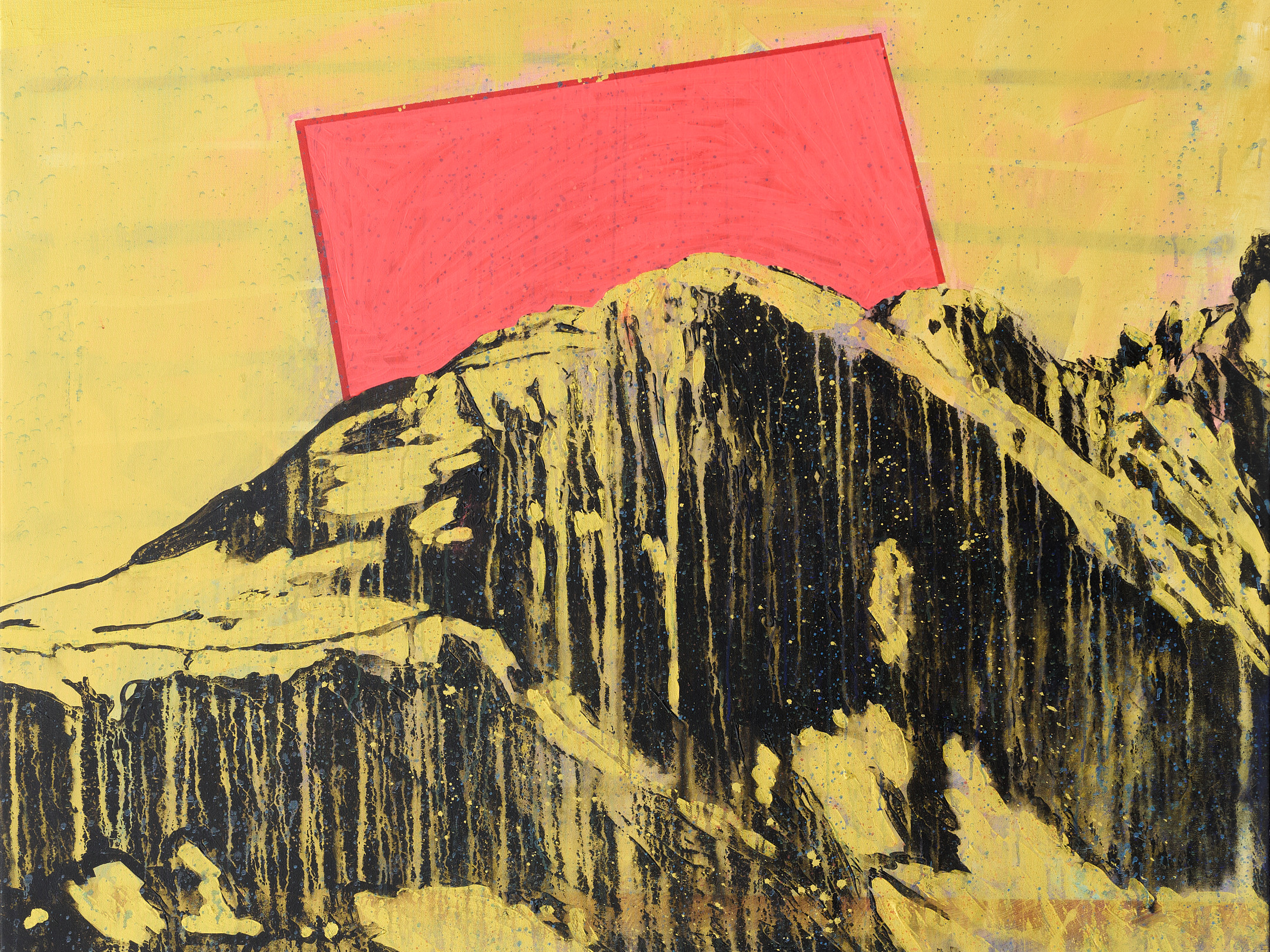 KI generiert: Das Bild zeigt eine abstrakte Darstellung einer Berglandschaft in Gelb- und Schwarztönen, ergänzt durch zwei farbige geometrische Formen, ein rotes Rechteck und ein blaues Trapez. Es kombiniert natürliche Formen mit geometrischen Elementen und lebendigen Farben.