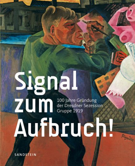 KI generiert: Das Bild zeigt das Cover eines Buches mit dem Titel "Signal zum Aufbruch!", das anlässlich des 100-jährigen Jubiläums der Gründung der Dresdner Sezession Gruppe 1919 veröffentlicht wurde. Das Cover zeigt eine expressionistische Malerei und den Schriftzug des Titels.