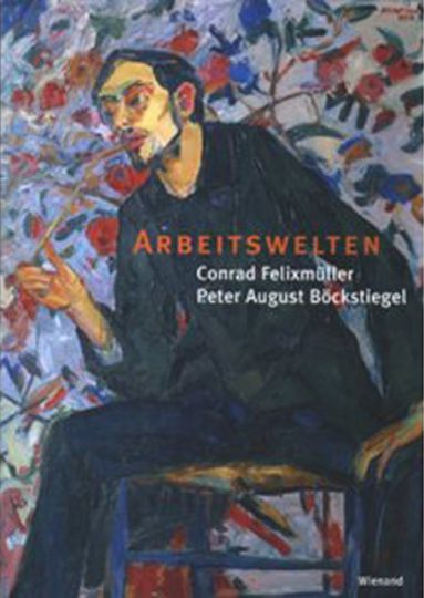 KI generiert: Das Bild zeigt das Cover eines Buches mit dem Titel "Arbeitswelten" von Conrad Felixmüller und Peter August Böckstiegel. Auf dem Cover ist eine gemalte Darstellung eines Mannes, der auf einem Stuhl sitzt und eine Pfeife raucht, vor einem lebhaft bunten Hintergrund.