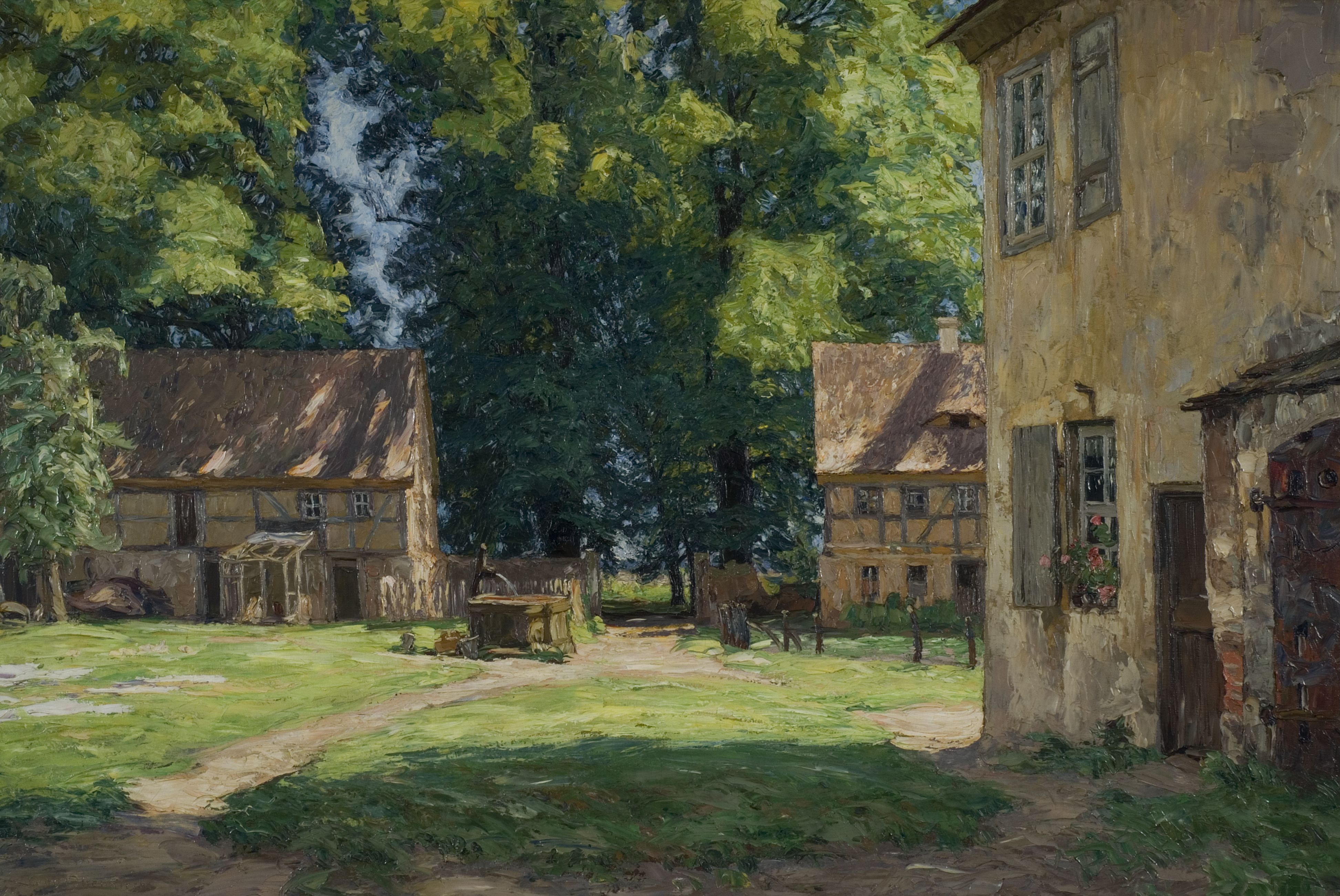 AI generated: The image shows a rural scene with several old half-timbered houses surrounded by tall trees. Grassy paths and a quiet courtyard can be seen in the foreground.