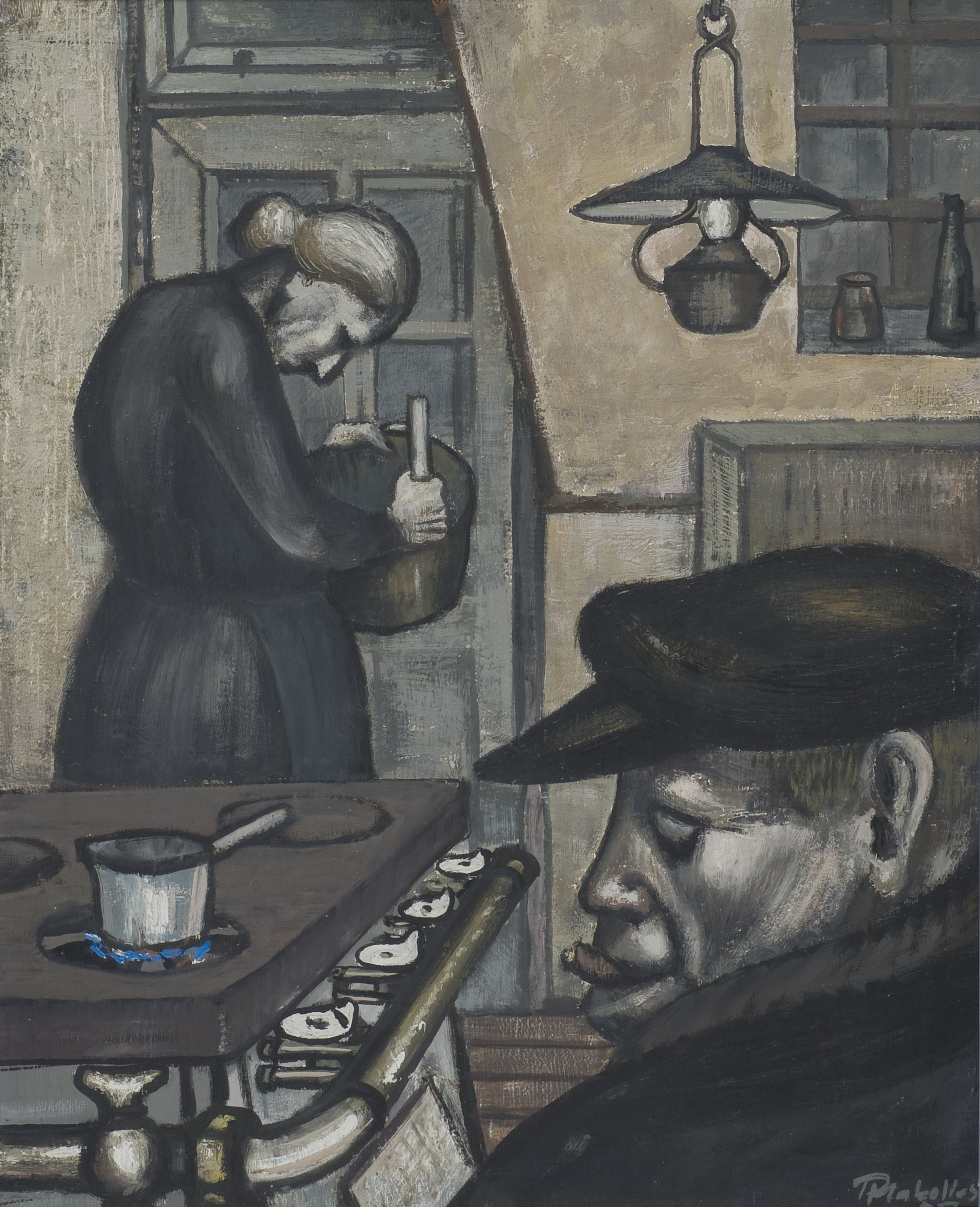 KI generiert: Das Bild zeigt zwei Personen in einer häuslichen Umgebung, eine Frau, die etwas in einem Topf umrührt, und einen Mann mit Hut im Vordergrund. Im Raum befinden sich ein Herd mit einem Topf darauf und verschiedene Einrichtungsgegenstände, die eine bescheidene Küche darstellen.