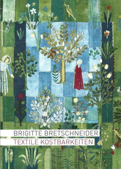 KI generiert: Das Bild zeigt ein kunstvoll gestaltetes Textilcover mit einer Vielzahl von gestickten Pflanzen und Figuren, dominierten von einem Baum in der Mitte. Der Titel des Buches lautet "Textile Kostbarkeiten" von Brigitte Bretschneider.