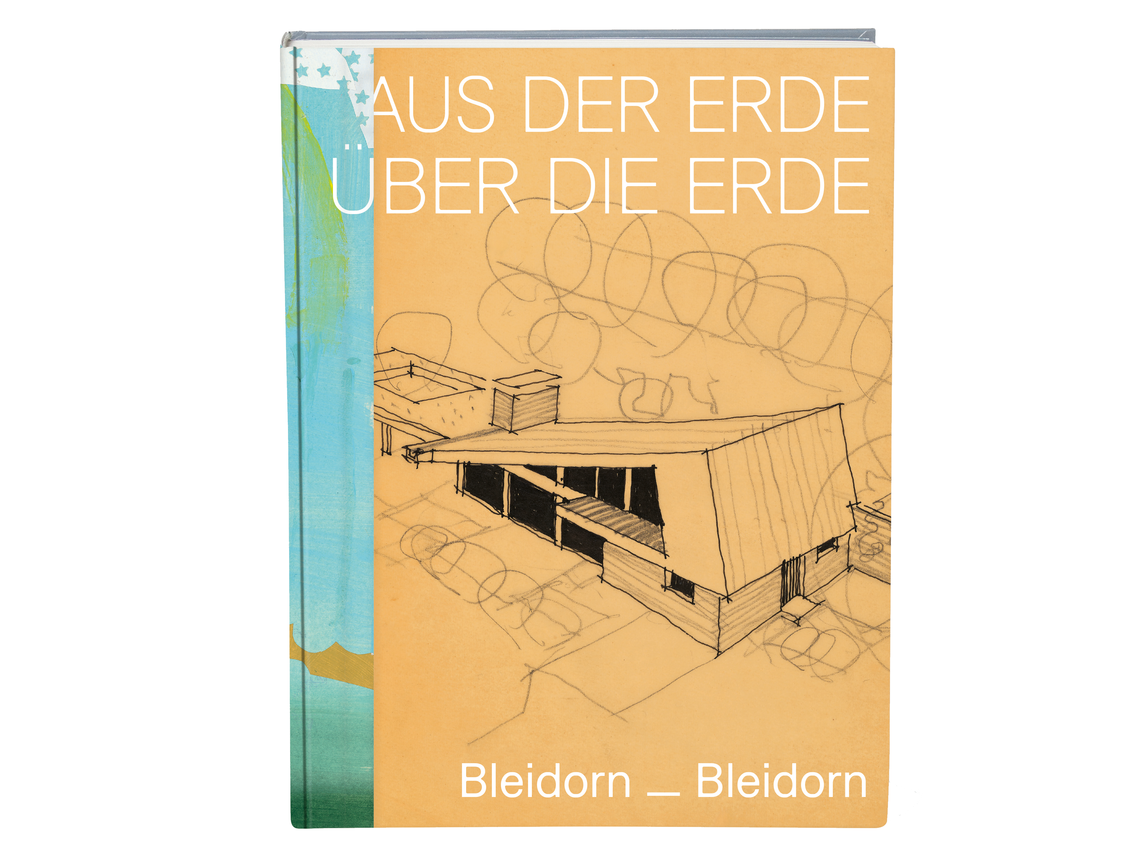 KI generiert: Das Bild zeigt das Cover eines Buches mit dem Titel "Aus der Erde über die Erde" und einer Zeichnung eines architektonischen Gebäudes. Der Hintergrund ist beige mit skizzierten Bäumen, und auf der linken Seite ist ein blauer Streifen sichtbar.