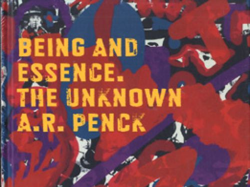 KI generiert: Das Bild zeigt das Buchcover von "Being and Essence. The Unknown A.R. Penck". Es ist mit einem farbenfrohen, abstrakten Kunstwerk gestaltet und trägt den Titel in gelber Schrift.