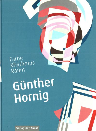 KI generiert: Das Bild zeigt das Cover eines Buches mit dem Titel "Farbe Rhythmus Raum" von Günther Hornig. Das Cover enthält abstrakte, multiforme Muster auf einem blauen Hintergrund.