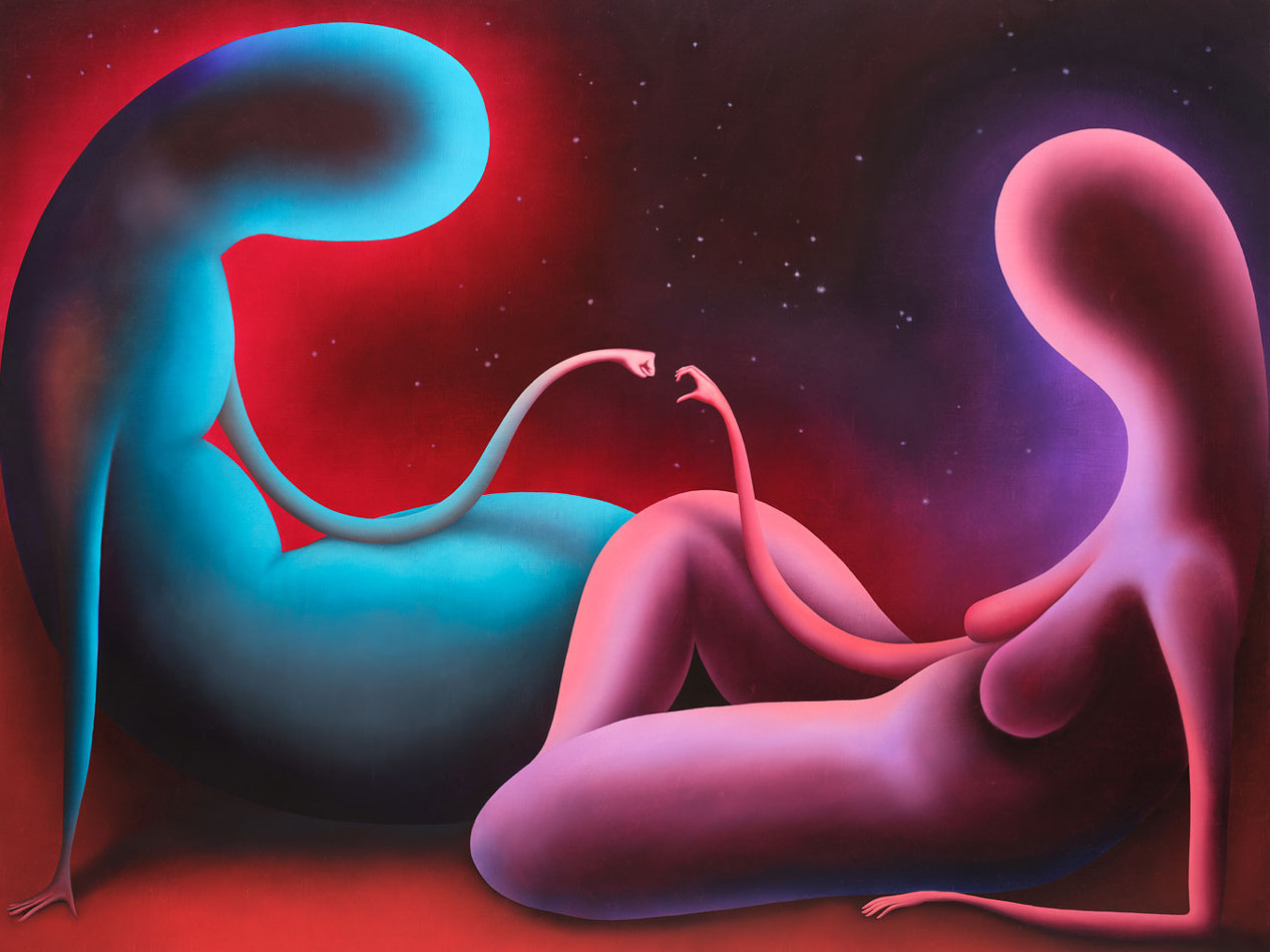 KI generiert: Das Bild zeigt zwei abstrakte, farbenfrohe Figuren in einer surrealen, kosmischen Umgebung. Die Wesen scheinen miteinander in einer Art sanfter Interaktion verbunden zu sein, umgeben von einem lebhaften Farbverlauf.