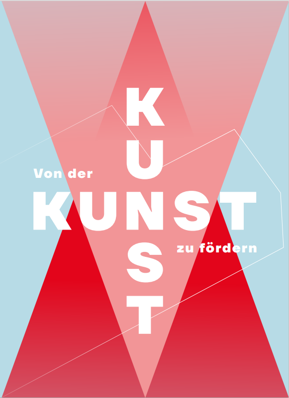 KI generiert: Das Bild zeigt ein grafisches Design mit dem Wort "KUNST" vertikal in der Mitte und dem Text "Von der KUNST zu fördern" horizontal. Dominante Farben sind Rot und Blau.