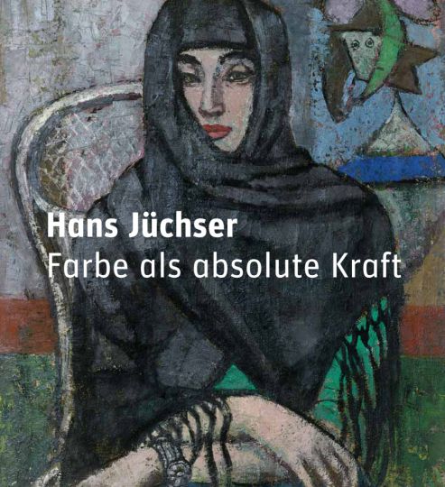 KI generiert: Das Bild zeigt eine Kunstwerk mit einer sitzenden Frau, die in Schwarz gekleidet ist. Der Text »Hans Jüchser - Farbe als absolute Kraft« ist darüber gelegt.