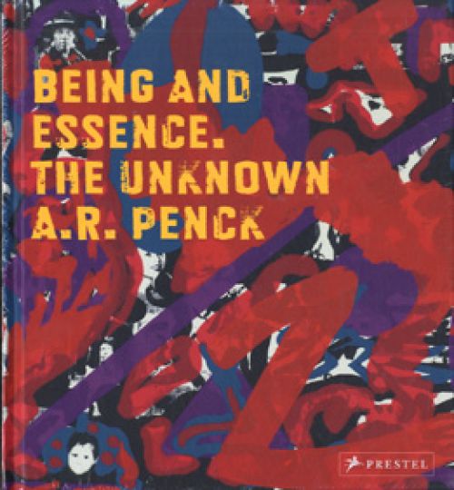 KI generiert: Das Bild zeigt das Buchcover von "Being and Essence. The Unknown A.R. Penck". Es ist mit einem farbenfrohen, abstrakten Kunstwerk gestaltet und trägt den Titel in gelber Schrift.