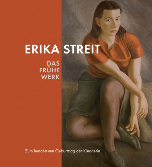 KI generiert: Das Bild zeigt das Cover eines Buches mit dem Titel "ERIKA STREIT: DAS FRÜHE WERK". Es feiert den hundertsten Geburtstag der Künstlerin und zeigt ein Gemälde einer nachdenklichen, sitzenden Frau.