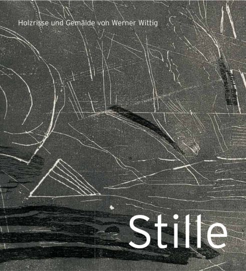 KI generiert: Das Bild zeigt das Cover eines Buches mit dem Titel "Stille", das Holzrisse und Gemälde von Werner Wittig präsentiert. Das Cover zeigt eine abstrakte, grafische Illustration in Schwarz-Weiß.